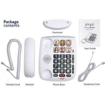 Package contents of a white phone set with handset, base, cord, and user guide on a white background.