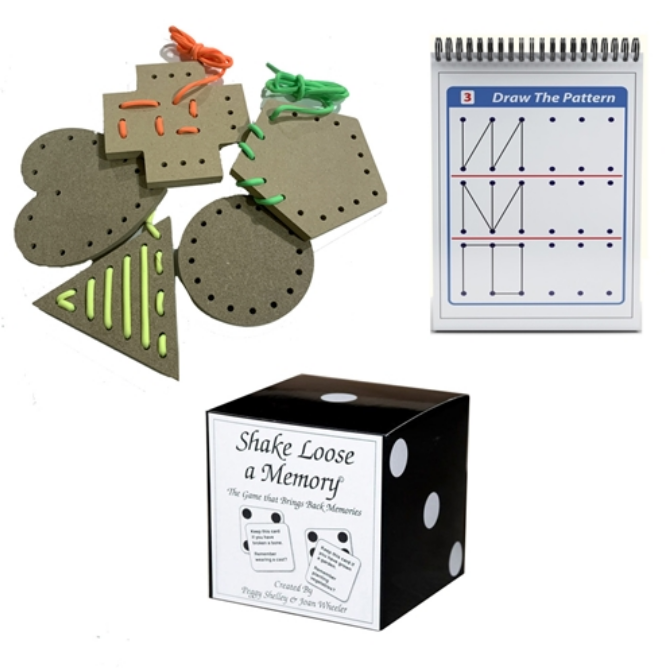 Gift Activity Pack of 3 - Activity Board Lacing Shapes, Draw The Pattern, Shake Loose A Memory