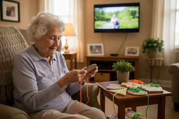 Elderly senior lady holding circle shape lacing shapes