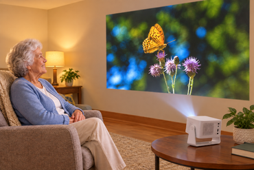 An elderly woman watching naturevue on the wall showing a yellow-orange butterfly on purple flowers.