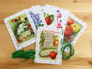 Set of vintage-style floral image cards on a plastic surface