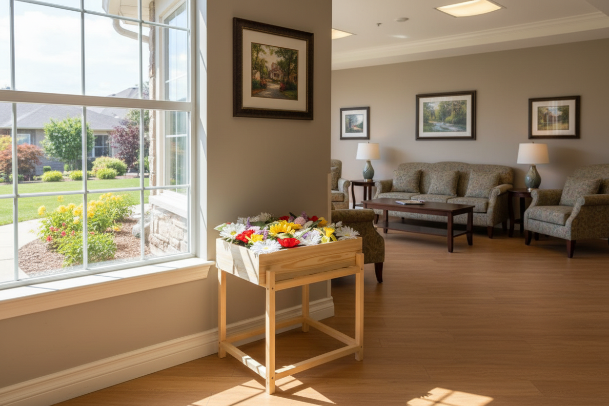 colorful flowers in a wooden stand, and sunlight streaming through windows.