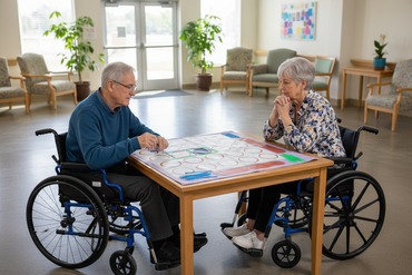Two elderly individuals in wheelchairs playing a board game together in a care home setting.