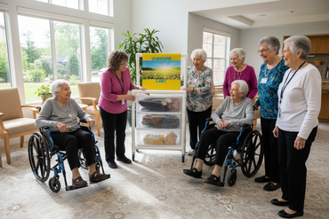 Caregiver with Sunshine Cart in bright community room