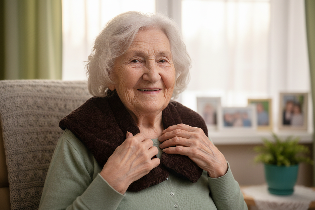 Elderly Polish lady with HarmonyHeat Comfort shoulder wrap positioned around neck and shoulders like reference image