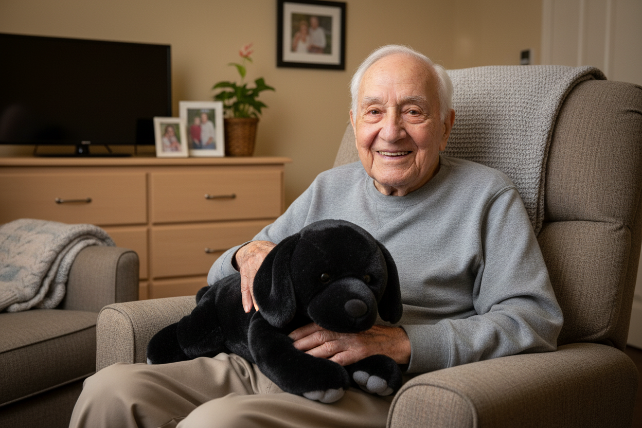 Front view of elderly multicultural male with stuffed black Lab therapy pet's face visible on his lap