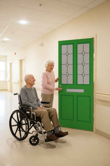 Green door skin on standard bedroom door in memory care facility hallway