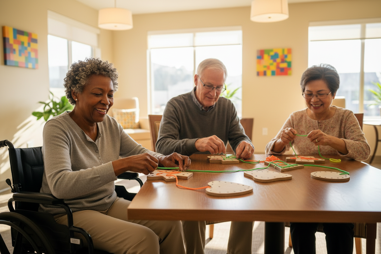 Three elderly people sitting around a table, engaged in the lacing shapes activity together.