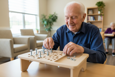 senior man smiling happily playing with nut and bolt board