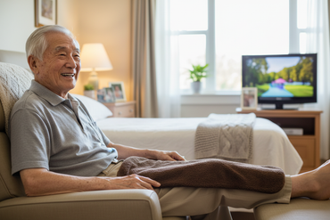 man-smiling-with-comfortcare-warmth-arm-and-leg-pad