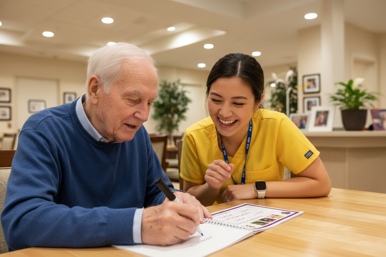 man with caregiver completing Finish The Phrase activity