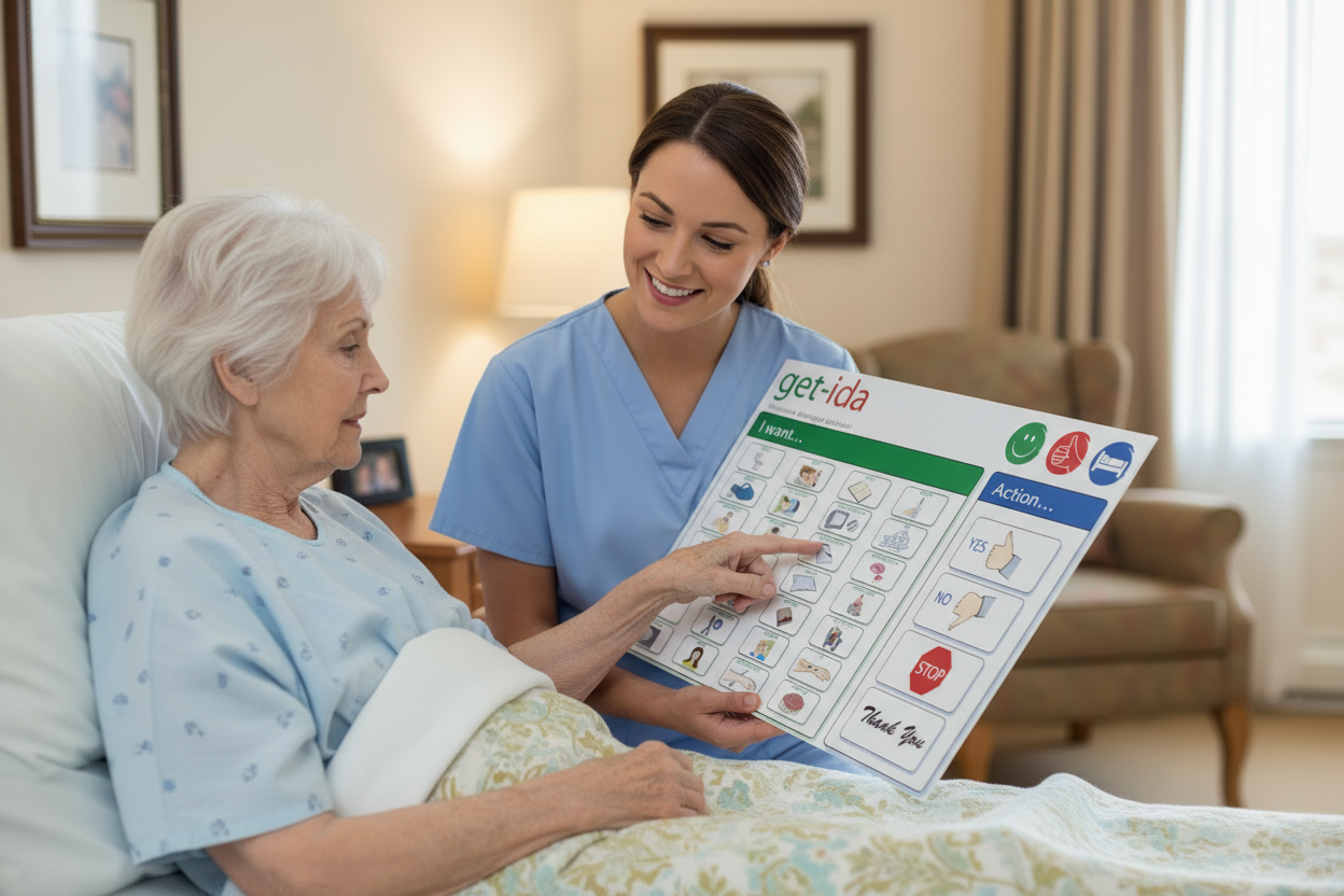 Resident in bed pointing at Get-IDA board with caregiver