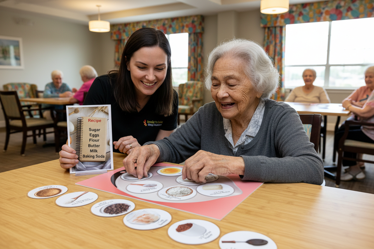 Multicultural senior lady looking at recipe card placing discs in pink placemat dish with caregiver helping other seniors in background