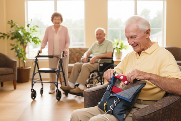 Elderly senior male with Activity Pillow