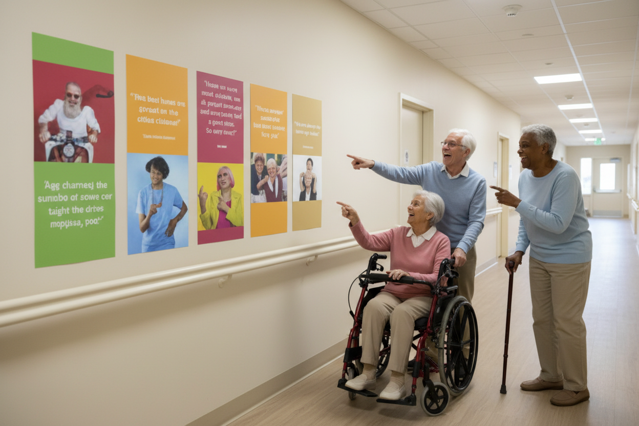 Seniors laughing and pointing at independence banners