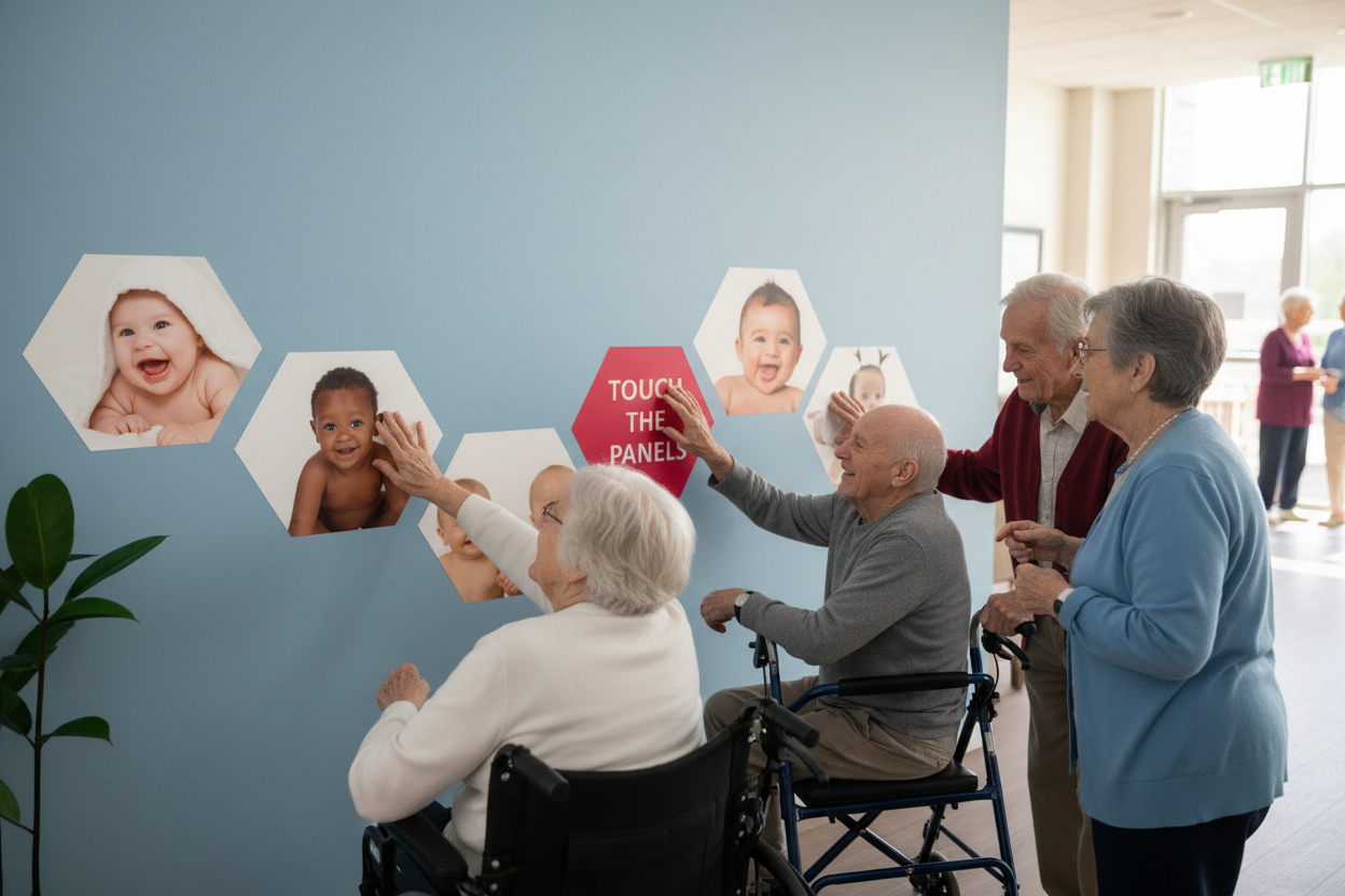 Seniors touching and enjoying baby tactile panels