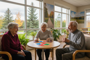 Three multicultural seniors playing Remember It game on smaller table with game prominently featured