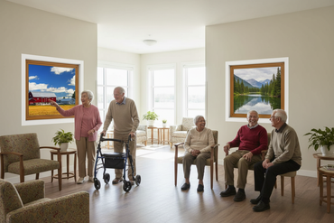 Three murals with white borders, no window sills