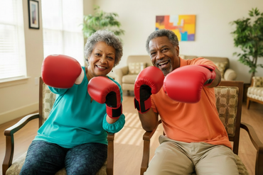 Two happy seniors wearing boxing mitts