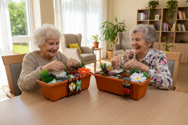 Two ladies having fun with magnetic flower activity