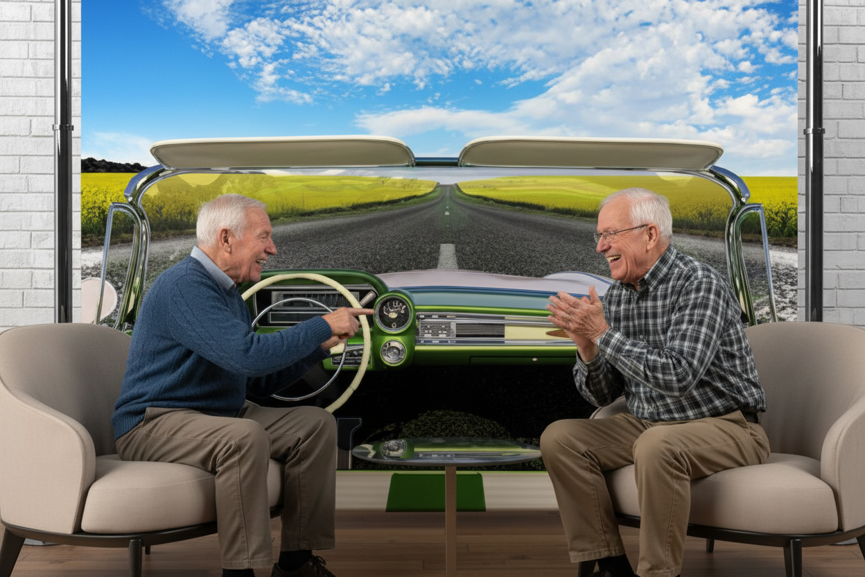 Two men looking at Cadillac Pop-Up ReM Spaces banner and laughing