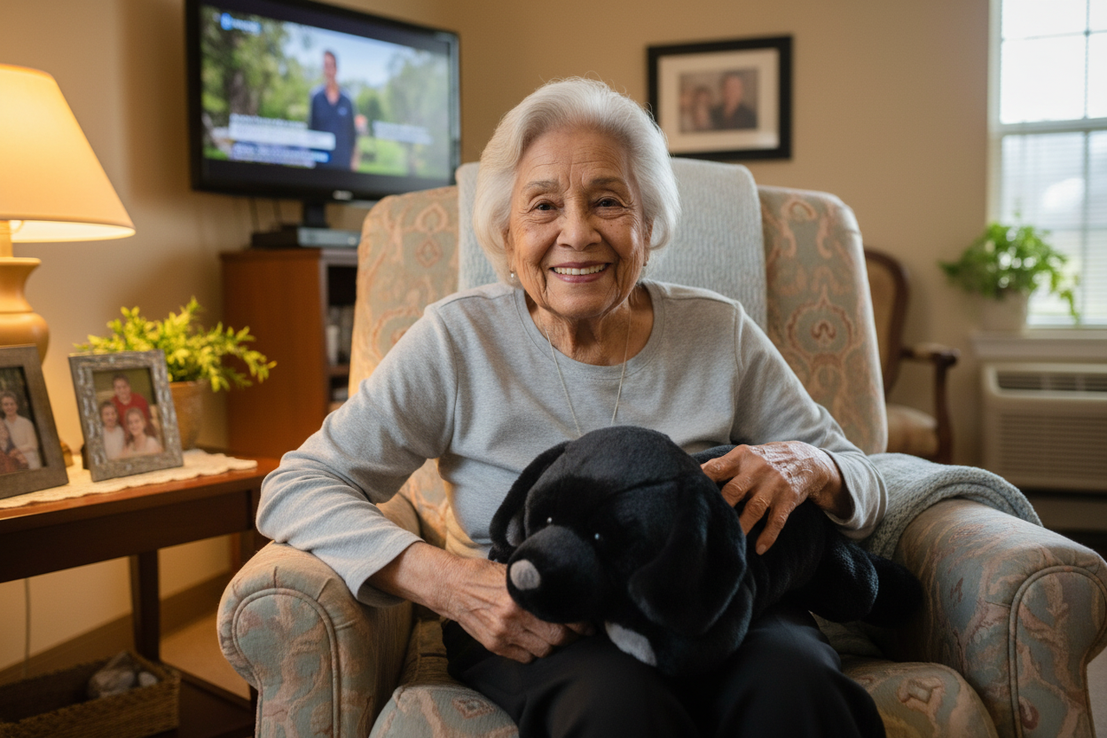 woman-with-stuffed-black-lab-heated-therapy-pet