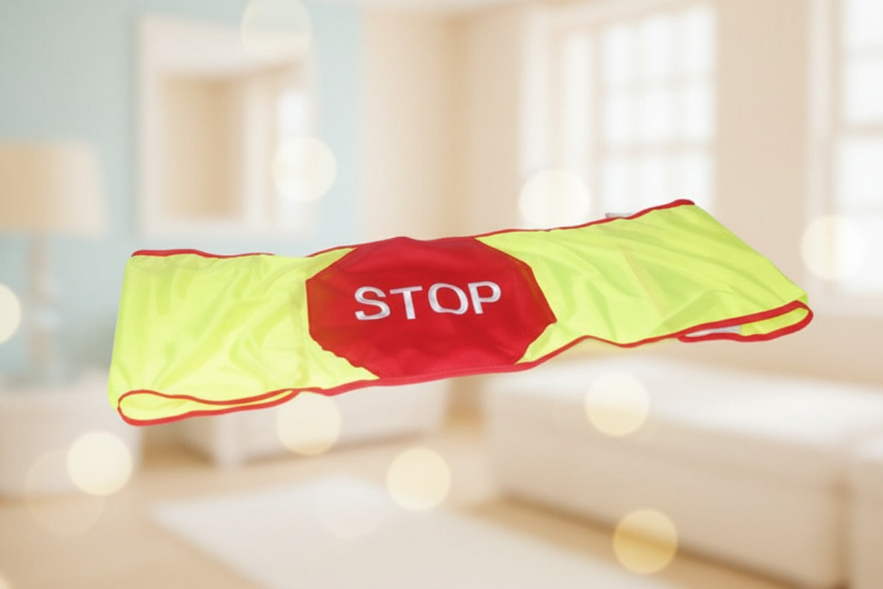 Reflective safety alarm door barrier with 'STOP' 