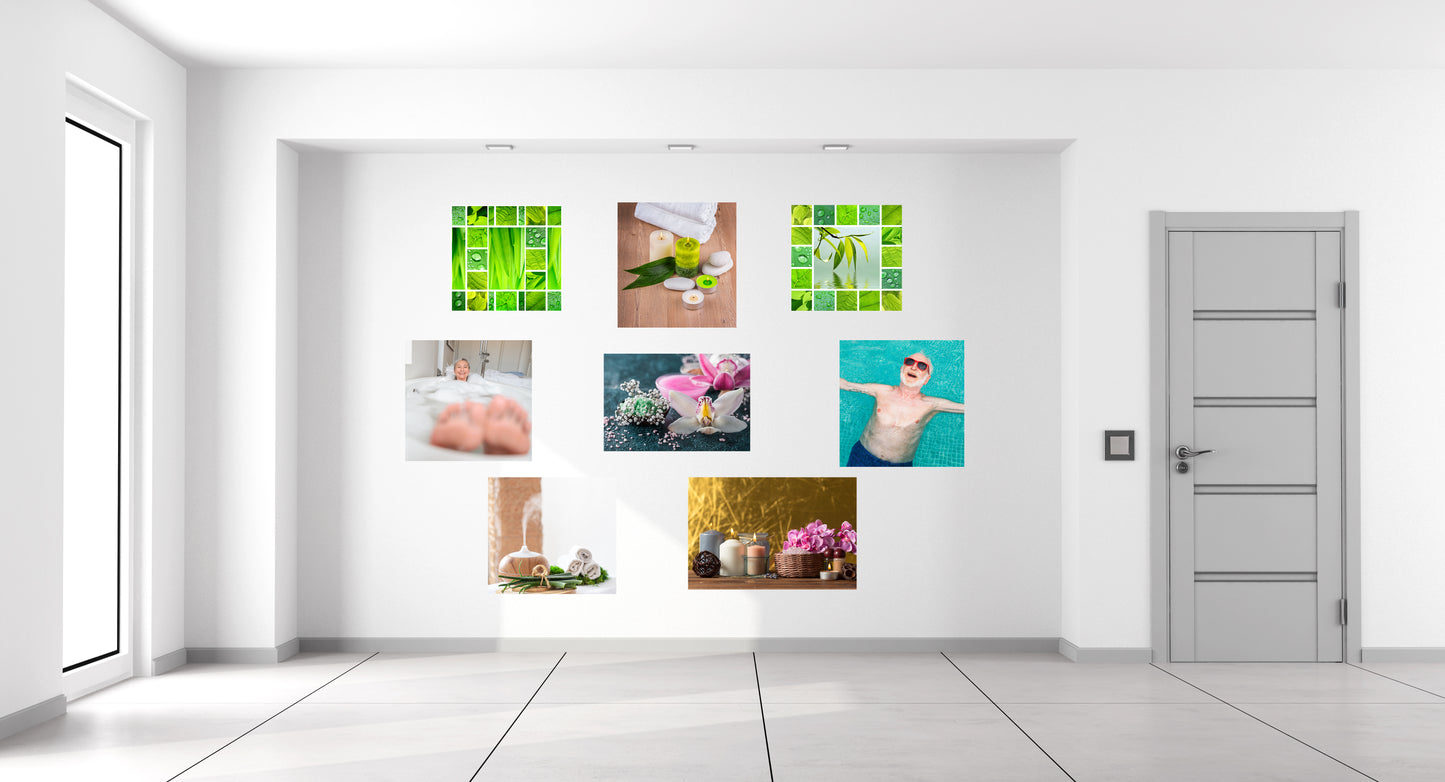Modern interior with a wall displaying multiple colorful photo frames.