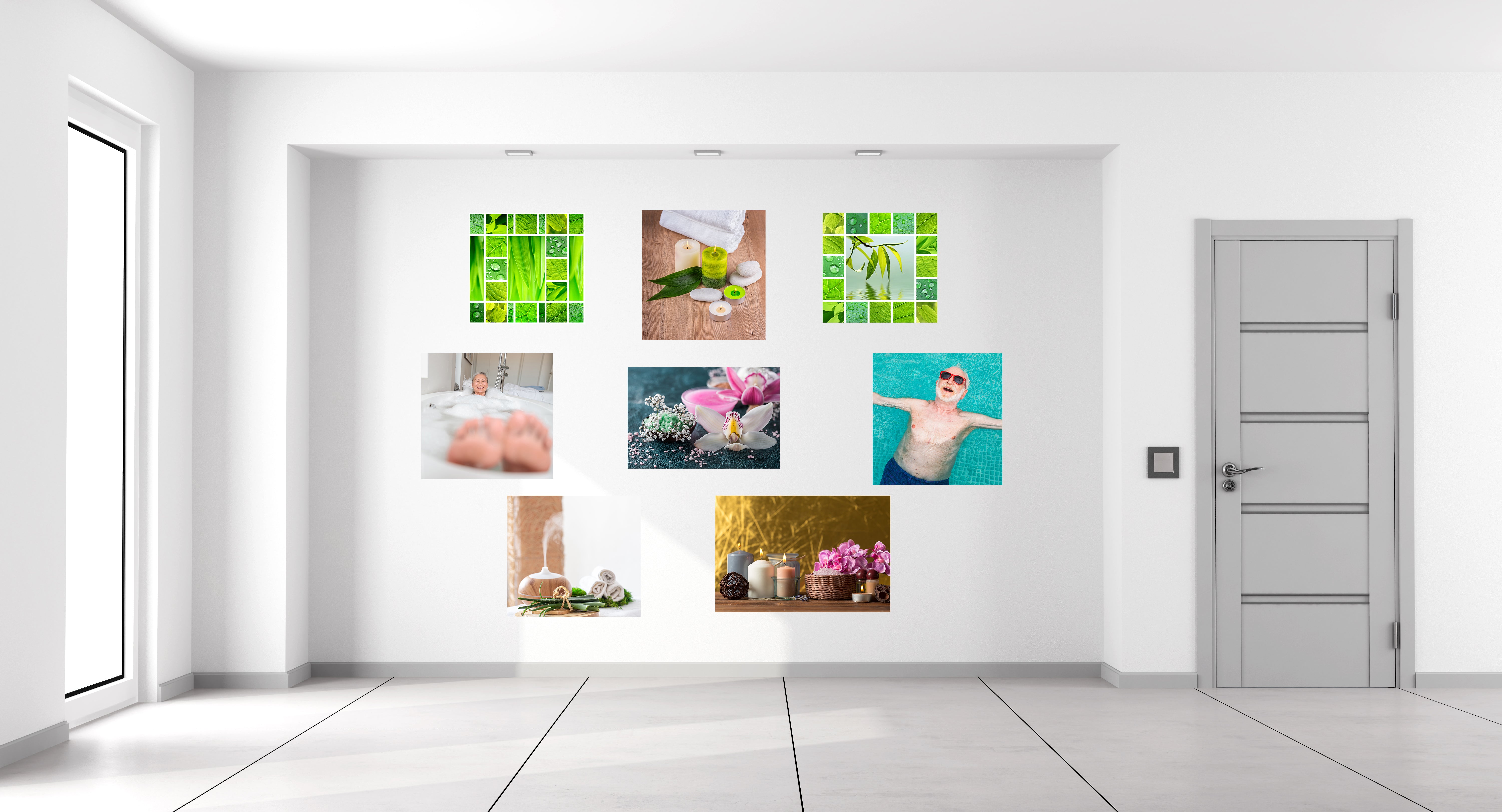Modern interior with a wall displaying multiple colorful photo frames.