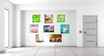 Modern interior with a wall displaying multiple colorful photo frames.