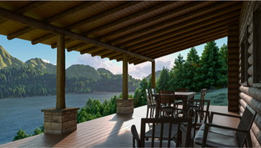 Wooden deck with outdoor furniture overlooking a lake and forest