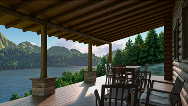 Wooden deck with outdoor furniture overlooking a lake and forest