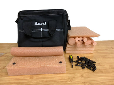 Tool bag with foam blocks, screws, and a screwdriver for senior memory care DIY faux wooden activity