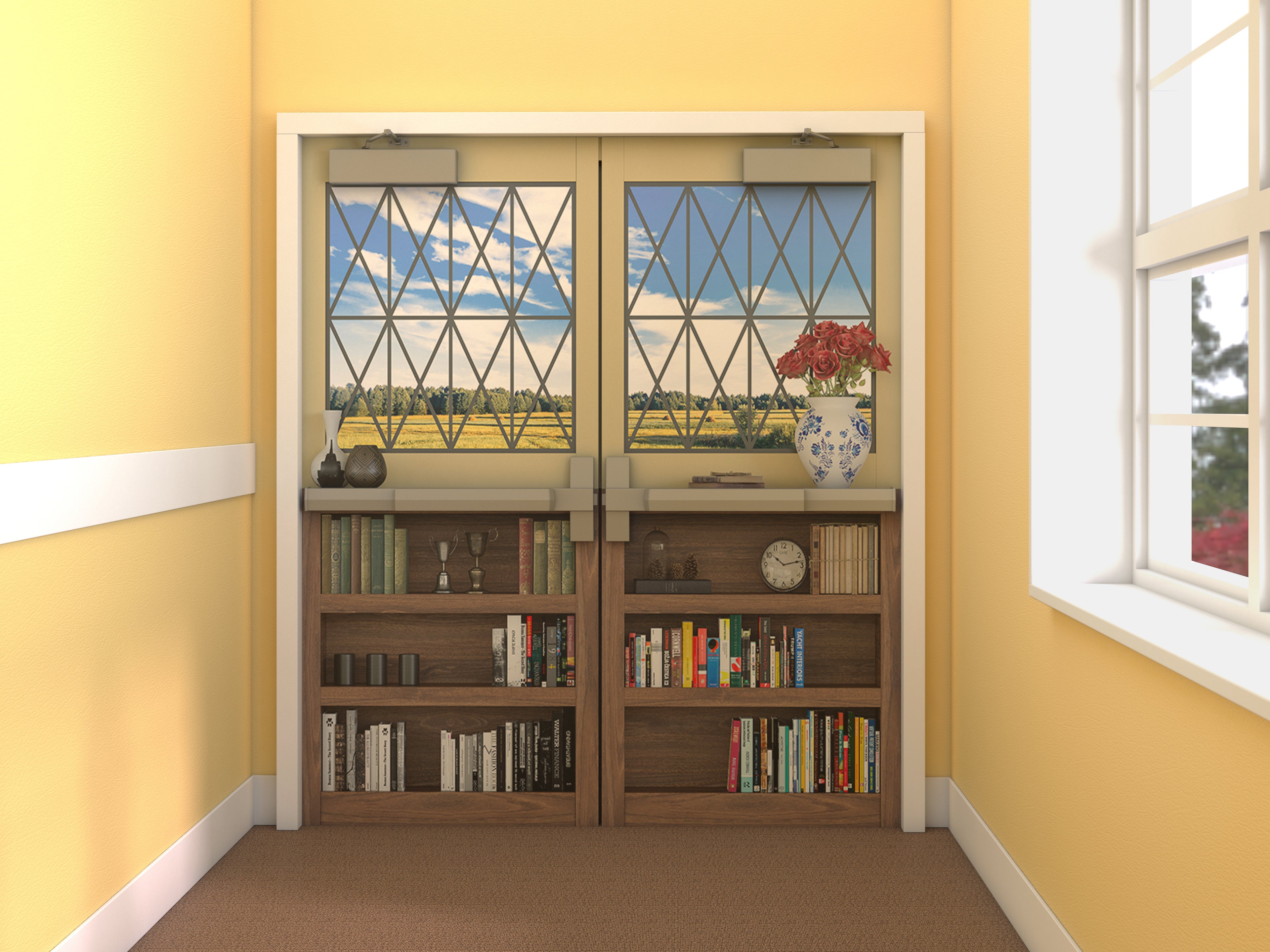 Bookshelf with decorative elements camouflage door mural for dementia ward