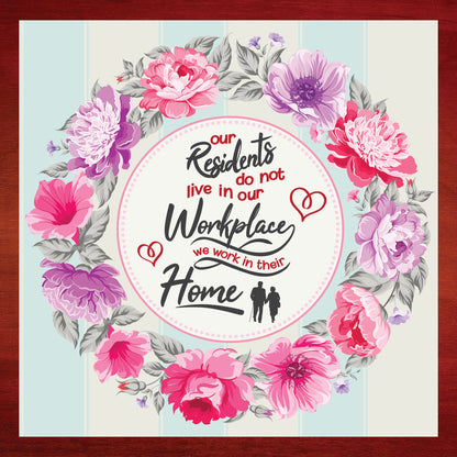 Floral design with text about residents working in their homes, surrounded by pink and purple flowers.