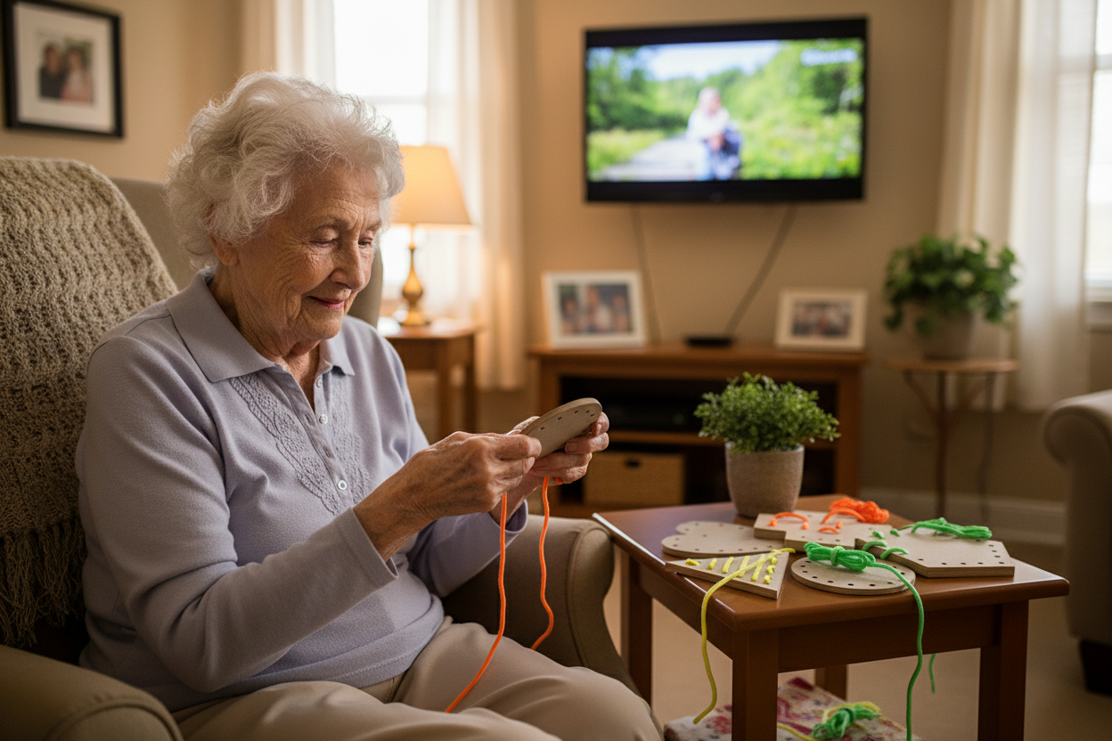 Elderly senior lady holding circle shape lacing shapes