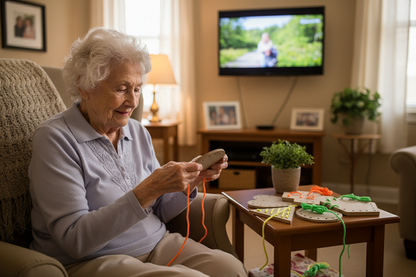 Elderly senior lady holding circle shape lacing shapes