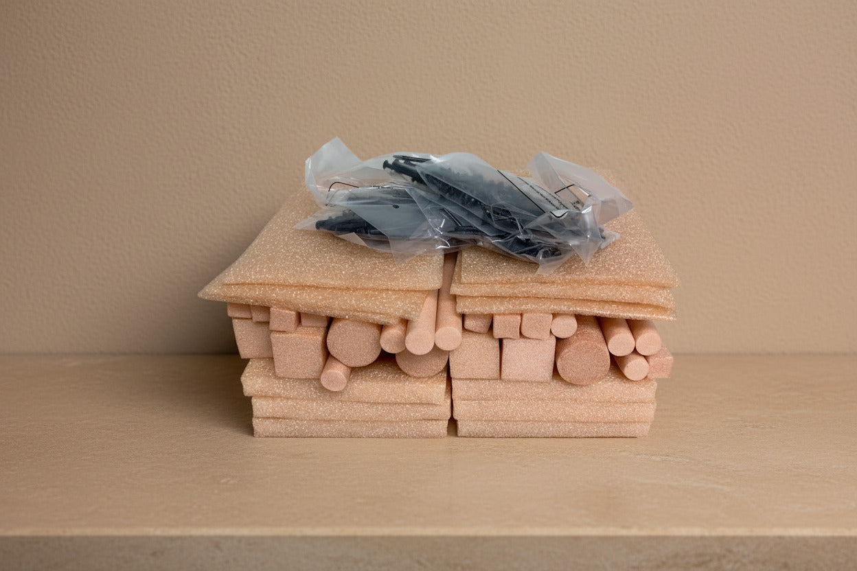 Wooden dowels and hardware on a wooden surface 