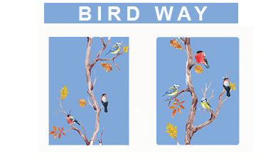 Two trees with birds on a blue background, featuring the text 'BIRD WAY'.