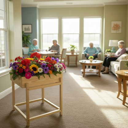 Wooden planter box with colorful flowers 