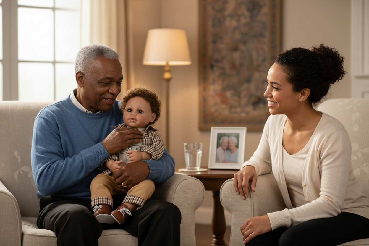 Alvin Therapy Doll with senior and caregiver