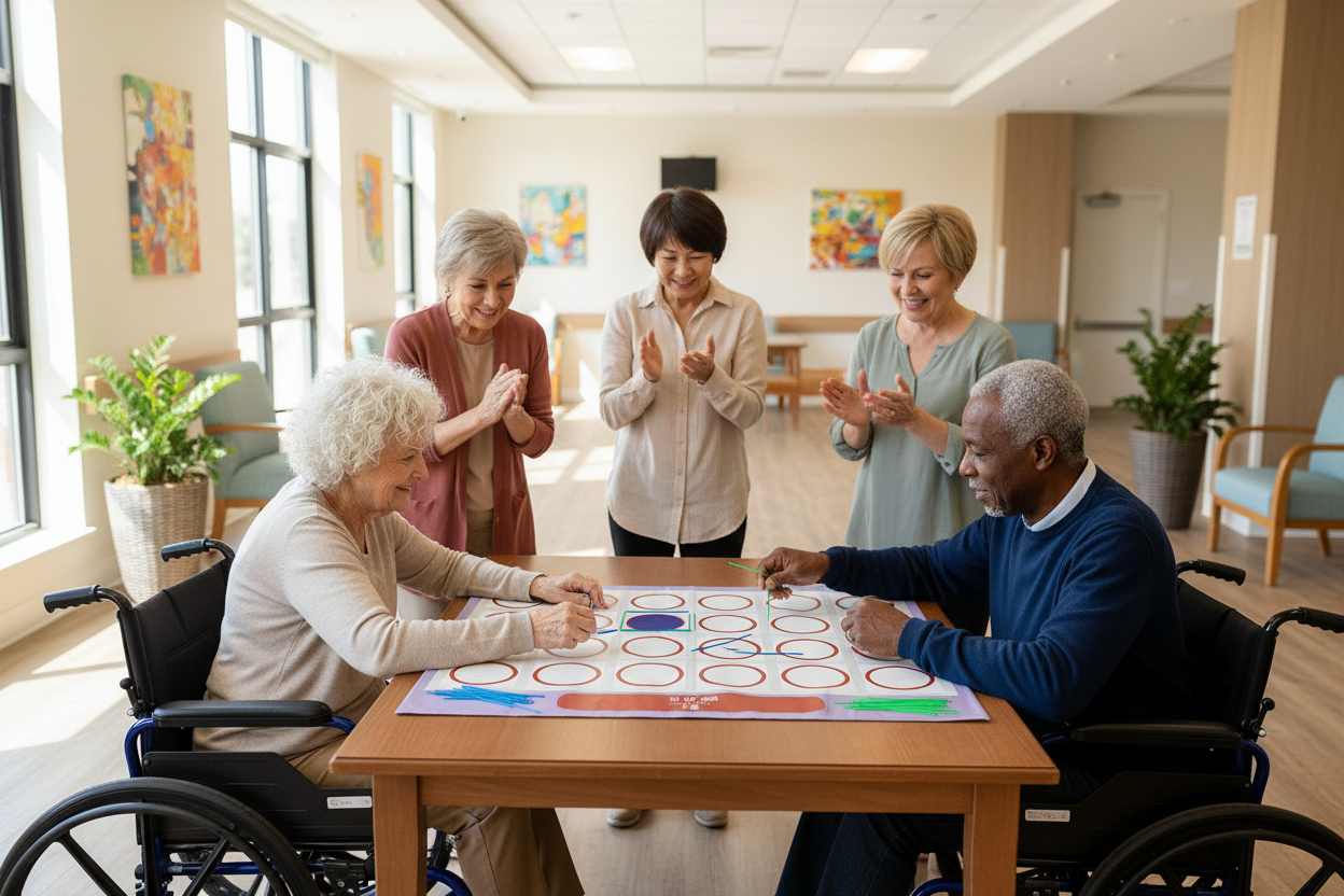 Two elderly individuals playing box me out