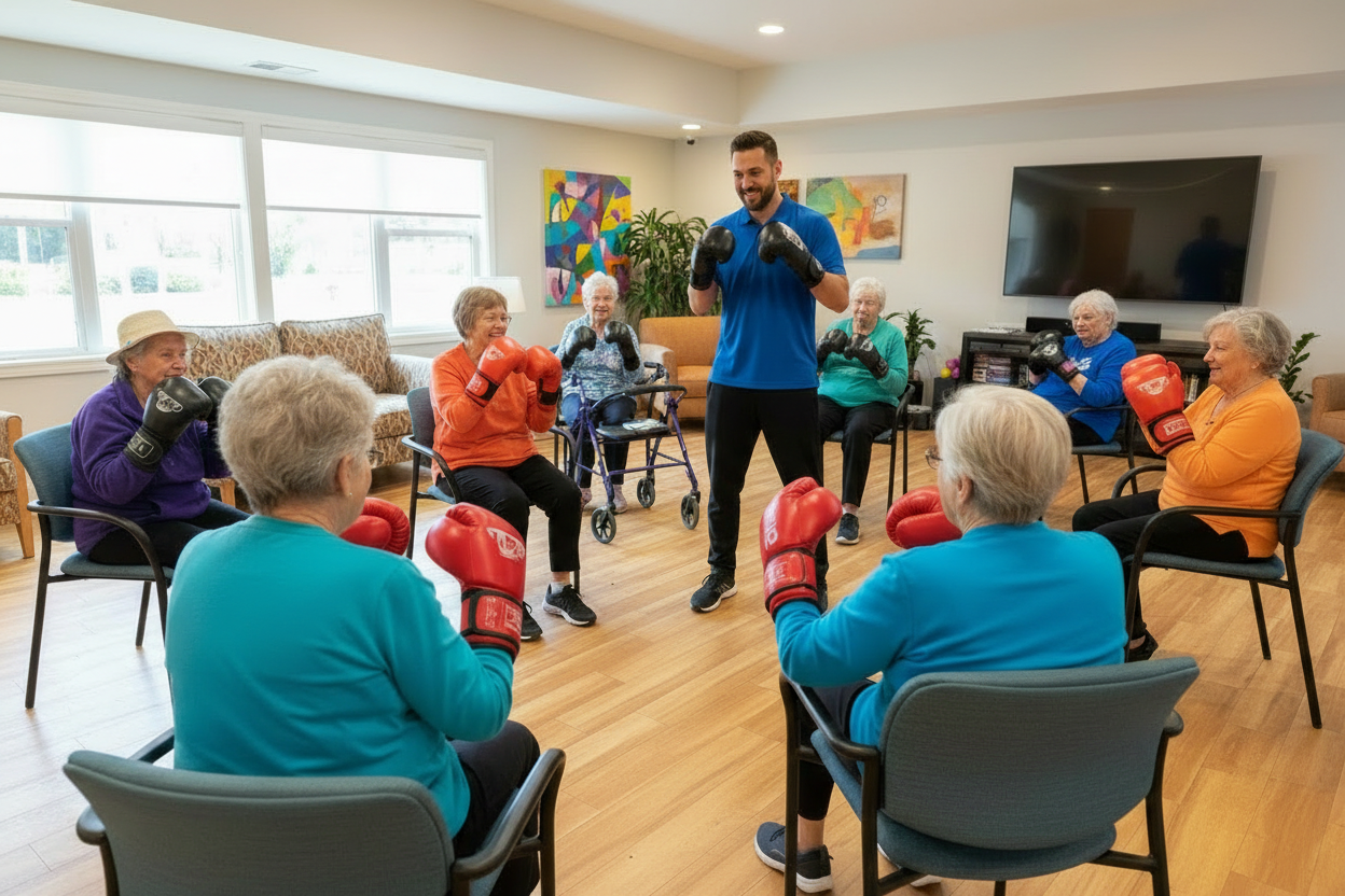 Happy seniors using boxing training mitts
