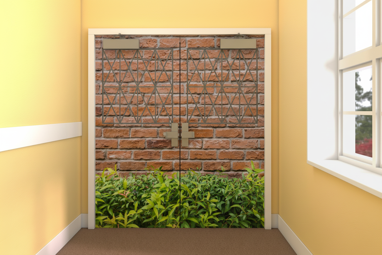 Brick and Bushes Double Door Mural on door