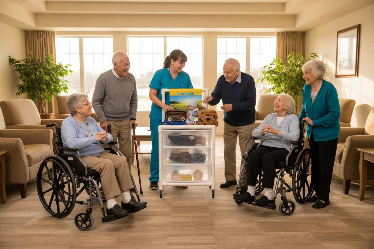 Caregiver in blue showing sunshine items  on cart to seniors in community room