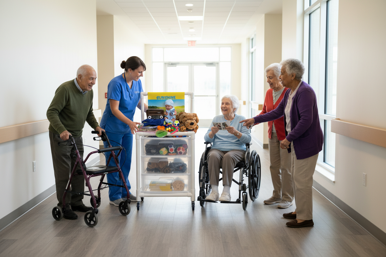 Caregiver in blue showing sunshine items 