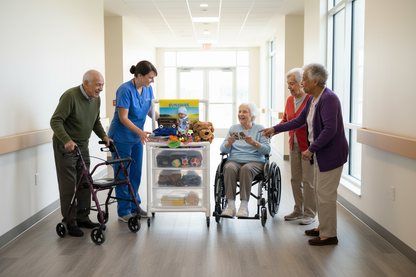 Caregiver in blue showing sunshine items 