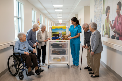 Caregiver in blue with Sunshine Cart  showing items to seniors in hallway 