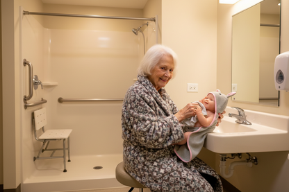 Woman in a bathrobe holding a doll in a bathroom 