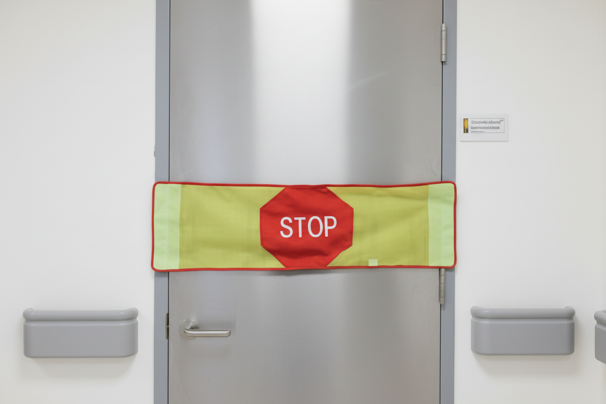 Close-up of door barrier on metal door